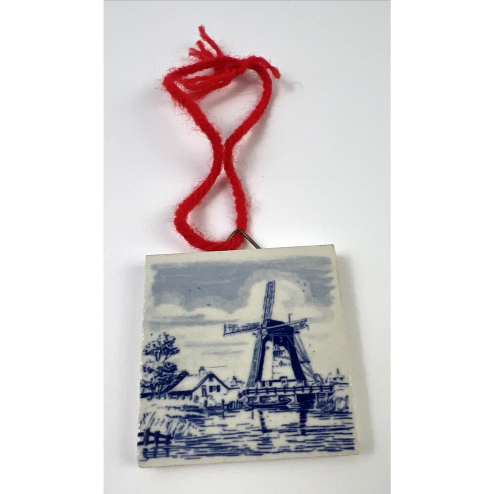 Vintage Delft Miniature Tile of a Windmill Holland Blue & White 2" Hand Painted